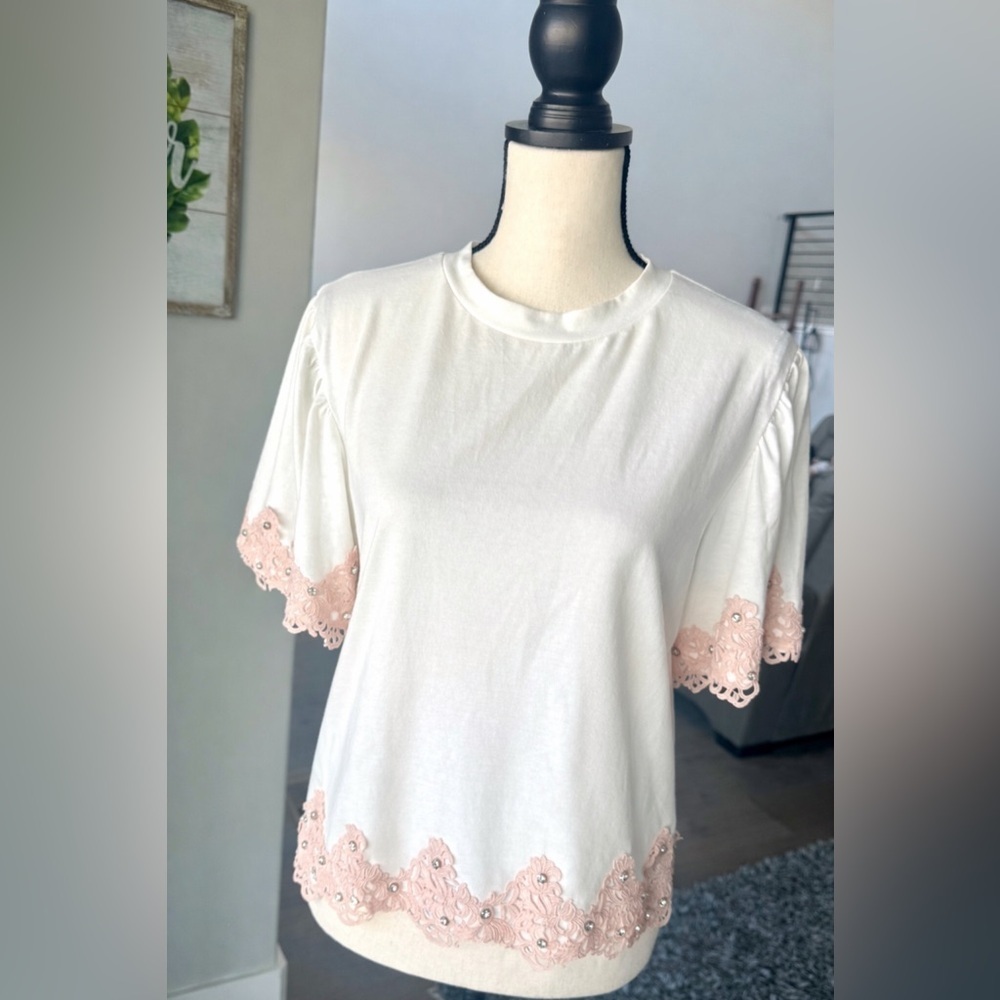 Romantic Cream Blouse with Pink Lace & Rhinestone Trim Top size medium